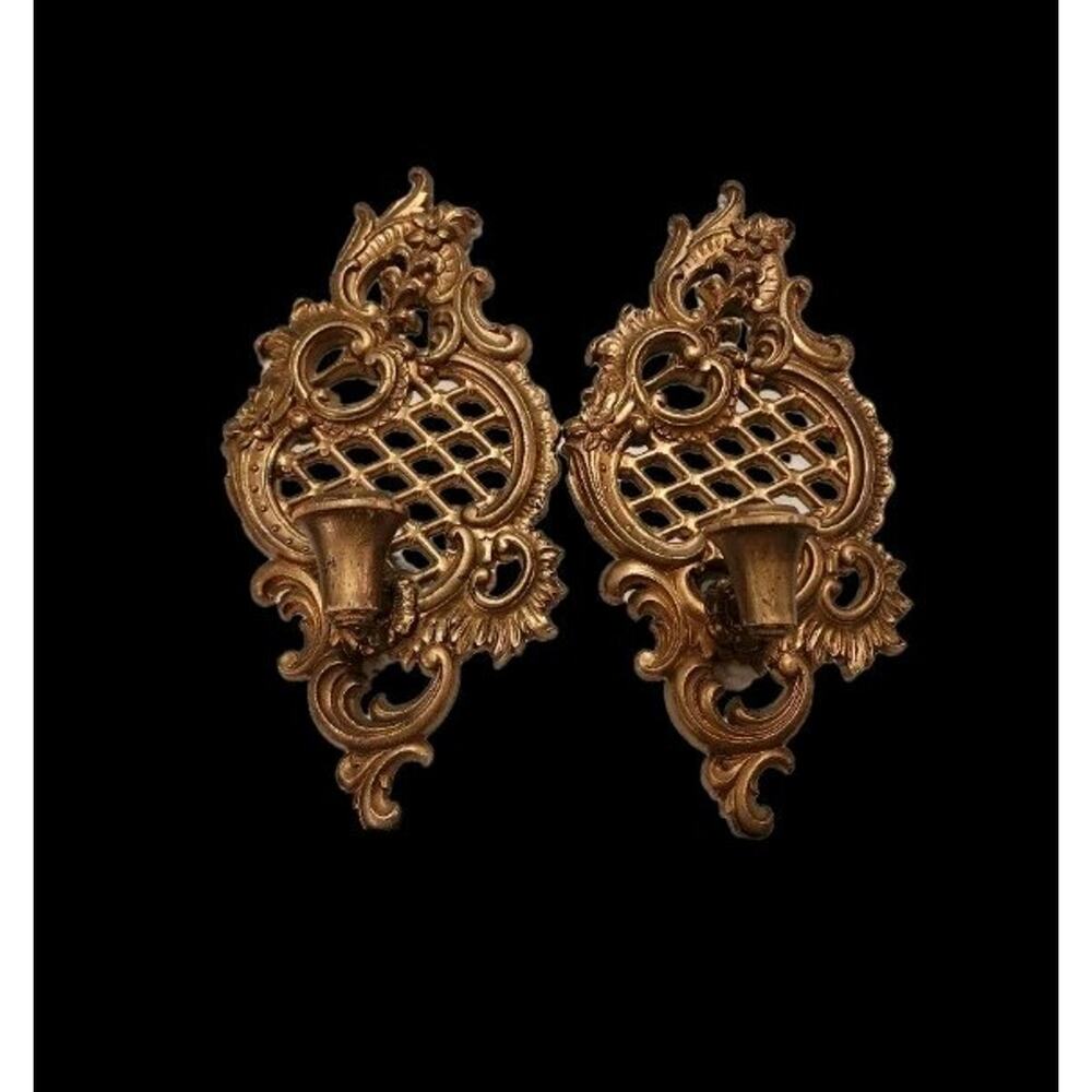 Set of Vintage Hollywood Regency Ornate Gold Floral Wall Sconces Candle Holders
